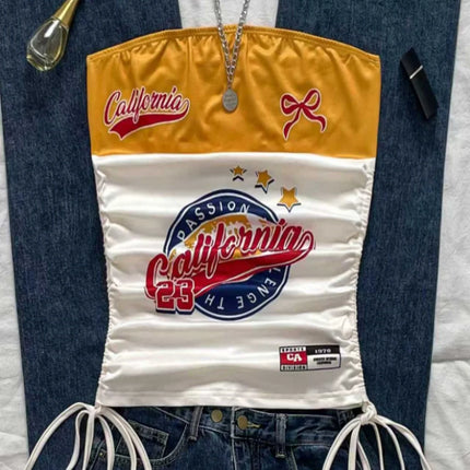 Women's Casual Retro Drawstring Front Cut Vest, suitable for Y2K and Guitar Prints in Spring and Summer
