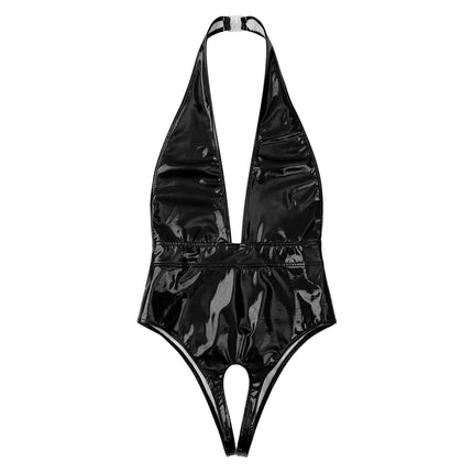 Womens Wet Look Sexy Bodysuit Patent Leather Exotic Teddies Halter Deep V Neck Crotchless Leotard Backless Sleeveless Catsuit