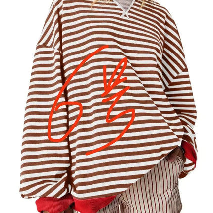 Casual Embroidered Striped Splicing Long Sleeve Crew Neck Pullover Hoodie Women's Clothing Comfortable Breathable Streetwear