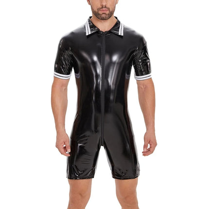 Plus Size Men's Sexy Open Crotch PU Leather Catsuit for Sex, Erotic Shaping Sheath Bodycon Crotchless Glossy Leather Shirt Sexi