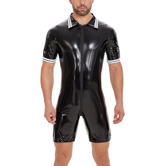 Plus Size Men's Sexy Open Crotch PU Leather Catsuit for Sex, Erotic Shaping Sheath Bodycon Crotchless Glossy Leather Shirt Sexi