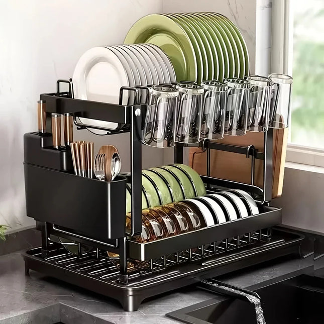 Double Layer Drainable Tableware Rack Large Capacity Metal Stand Lockable Bowl Holder Kitchen Storage Organizer