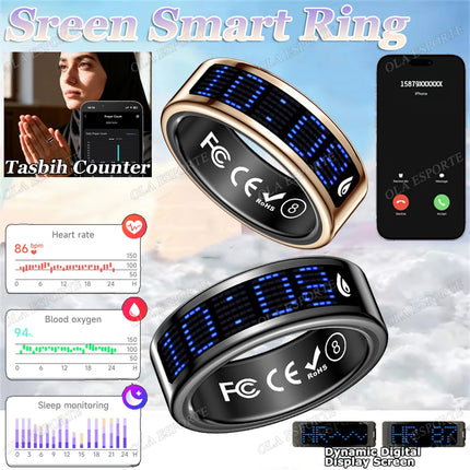 2026 Smart Ring Tasbih Counter Dynamic Display Screen Heart Rate Blood Oxygen Monitor 5ATM Waterproof Multi Sports Modes Gifts