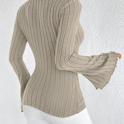 Ladies' autumn and winter apricot-colored V-neck long-sleeved slim striped T-shirt knitted sweater, sexy knitted top