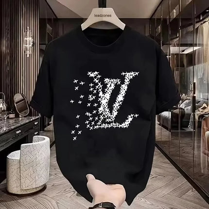 Men's LV Style Airplane Print T-Shirt Black White Contrast Short Sleeve Tee Breathable Cotton Streetwear Top for Summer Fashion