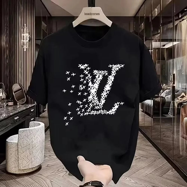 Men's LV Style Airplane Print T-Shirt Black White Contrast Short Sleeve Tee Breathable Cotton Streetwear Top for Summer Fashion