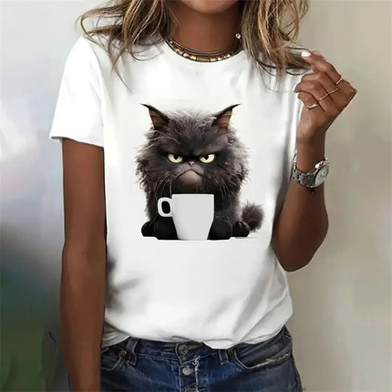 2025 New Cat Black Pattern T-Shirt for Women Funny Animal 3D Print T Shirts Summer Tees Short Sleeves Crew Neck Tops Streetwear