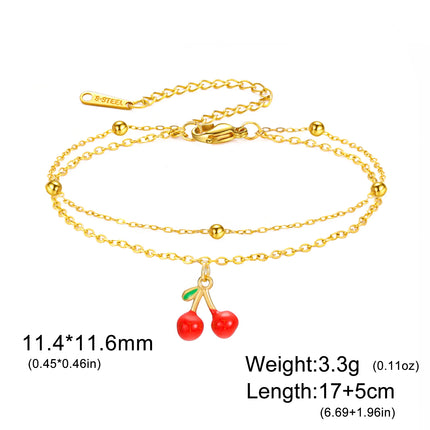 Teamer Enamel Cherry Charm Bracelet For Woman Gold Color Stainless Steel Double Bead Chain Fashion Birthday Friend Jewelry Gift