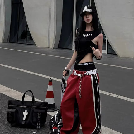 Mauroicardi Autumn Long Patchwork Double Waistband Pu Leather Wide Leg Pants Men Color Block Luxury Designer Clothes Streetwear