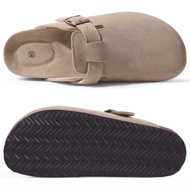 Kidmi Genuine Leather Clogs Cork Footbed Indoor and Outdoor Slippers Cow Suede Mules With Adjustable Strap