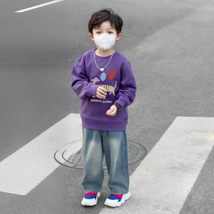 Boy Round Neck Sweatshirt Girls Fashion Cartoon Dog Printed Top Winter Children Plush Keep Warm Pullover
