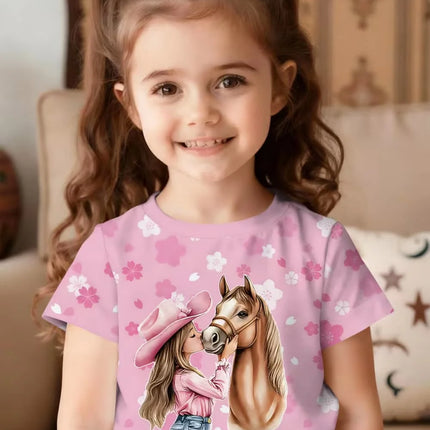 Girl Clothes Cow Girl Riding Horse 3D Print T-Shirt Western Festival Casual Top Summer Short Sleeve Outdoor Children's Clothing