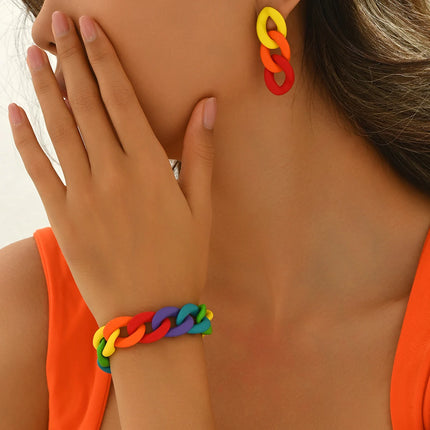 Vintage And Fashionable Acrylic Contrasting Chain Women's Earrings And Bracelet Set, Beautiful Wedding Party Jewelry