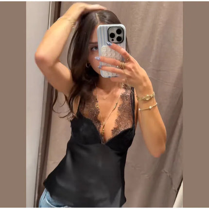 Sexy Black Lace Patchwork Satin Vest Women Elegant Sleeveless See Through V-neck Loose Vests 2025 Lady Vacation Party Chic Wear