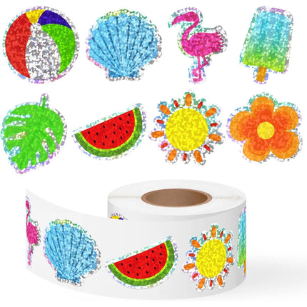 500Pcs Summer Stickers Roll Holographic Laser Hawaiian Tropical Luau Beach Decals Seasonal Holiday Party Favors DIY Crafts