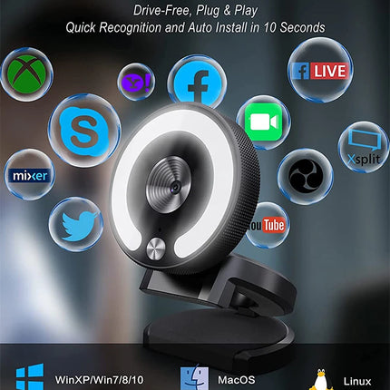 4K Webcam Full HD 2K Mini Camera with Fill Light Laptop PC Computer Live Broadcast Camera Video Web Camera Microphone Webcast