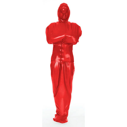 Exotic Wetlook PVC Leather Full Catsuit with Wide Belt Unisex Bondage-Sack Hooded Bodysuit Fetish Sexy Body Bag Sleepsack Custom