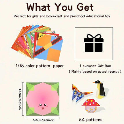 108 Pieces Creative Origami Set-Suitable for DIY Crafts and Educational Activities,For Children Kids Boys Girls,Creative Shapes