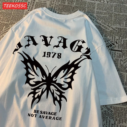 Casual Cotton Womens T-Shirts Be Savage Not Average Butterfly Printed Streetwear Soft Breathable Oversize Fashion Female Clothes