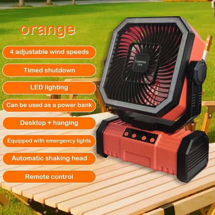 20000 mAh wireless battery-powered camping fan with LED light and remote control, 4 speeds, timer function, USB interface