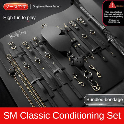 BDSM Genuine Leather Bondage Toy Set Handcuffs Ankle Cuffs Whips Collars Mouth Gag SP Sex Toy Punishment Flirt For Women SM Set