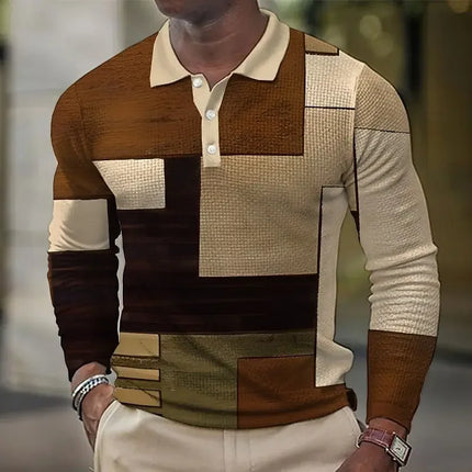 Men's 3D Printed Retro Plaid Pattern Golf Shirt Long Sleeve Polo Shirt Business Casual Formal Button Collar Autumn and Winter