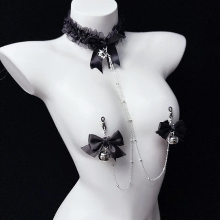 Black Lace Nipple Clamps Bell-Adorned Bow Collar SM Set Leash Training Sexy Accessories for Women Fetish Adult Sex Toys 18+