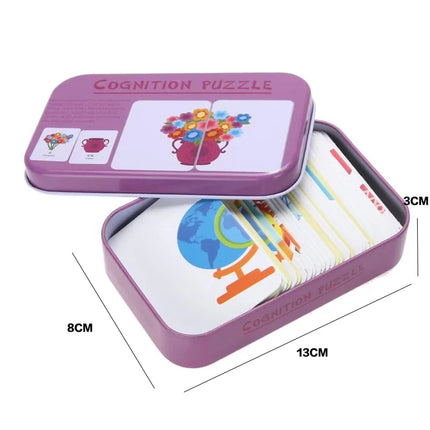 Baby Kids Cognition Puzzles Toys Toddler Iron Box Cards Matching Game Cognitive Cards Vehicl Fruit Animal Life Sets Pair Puzzles