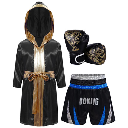 Boys Girls Halloween Carnival Boxer Cosplay Costume Boxing Robe Outfit Long Sleeve Satin Pugilism Hooded Cloak with Belt Shorts