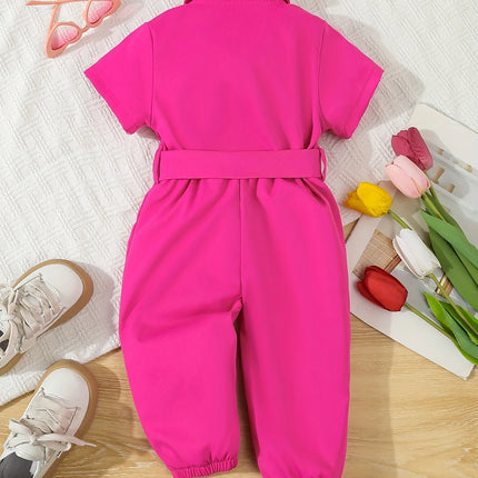 Cute Baby Girl Summer Short-Sleeved One-Piece Outdoor Casual Simple One-Piece Pants + Belt 2-Piece Set