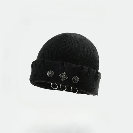 Street hip-hop retro cross ring perforated woolen hat for women, yuppie knitted melon skin hat, cold hat for men
