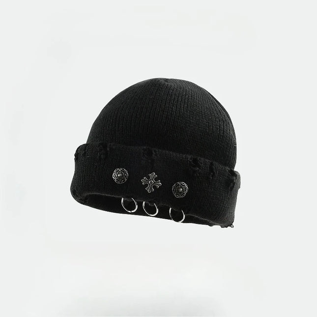 Street hip-hop retro cross ring perforated woolen hat for women, yuppie knitted melon skin hat, cold hat for men