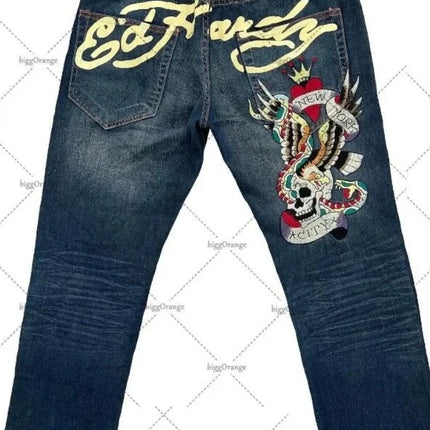 Mens Jeans Streetwear Y2K Vintage Straight Leg Denim Pants Skull Rose Flame Print Design Loose Fit Retro Punk Hip Hop Fashion