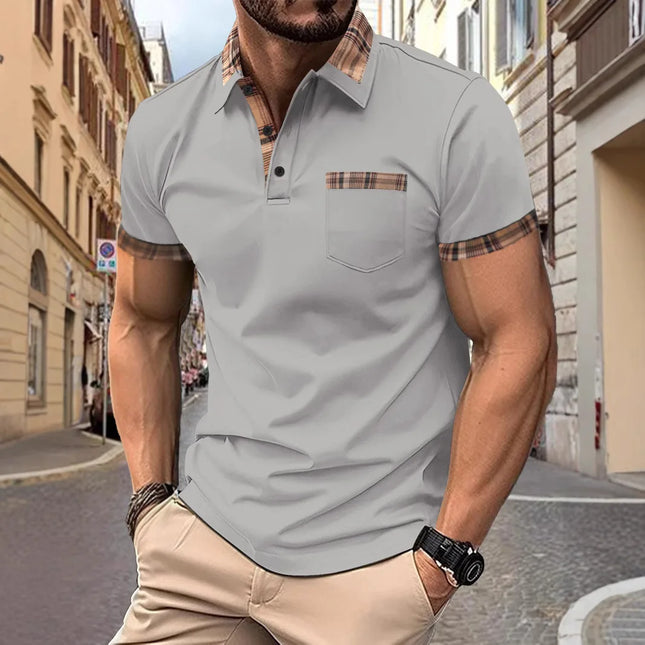 The 2025 Summer New Men's Sporty casual comfortable top is a solid-color patchwork short-sleeved POLO shirt with false pockets