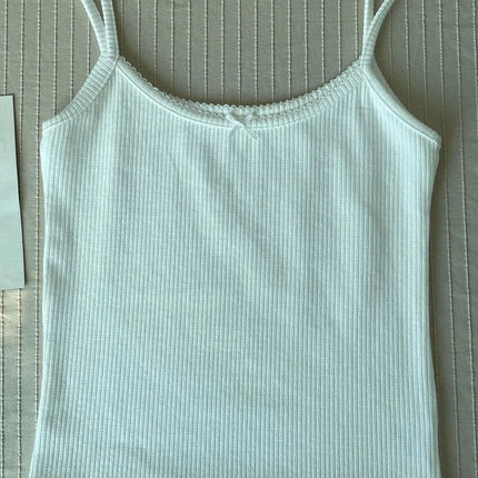 Sweet Floral Print Eyelet Bow Cropped Vests Women Cotton Casual Slim Lace Trim Tank Tops Vintage Preppy Style Cute Camisole Y2K