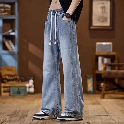Spring Straight-Leg Loose-Fit American Vintage-Style Denim Trousers: Men's Casual High-Street Washed Wide-Leg Pants