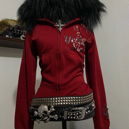 Y2K Gothic Style Fur Collar Hoodie, Retro Fashion Embroidered Letter Slim Fit Hoodie, Street Casual Sports Hoodie