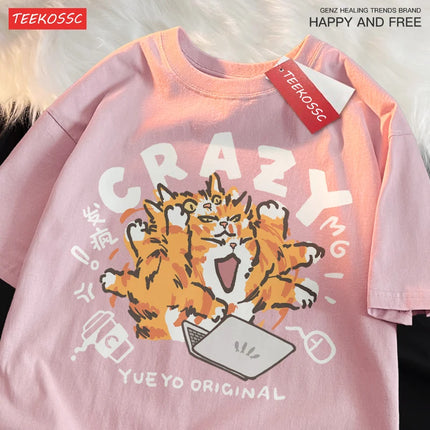Crazy Orange Cat Light Green Funny Cat Work Shoulder Drop Short Sleeve T-shirt For Women Casual Pure Cotton Loose Fit Tees New