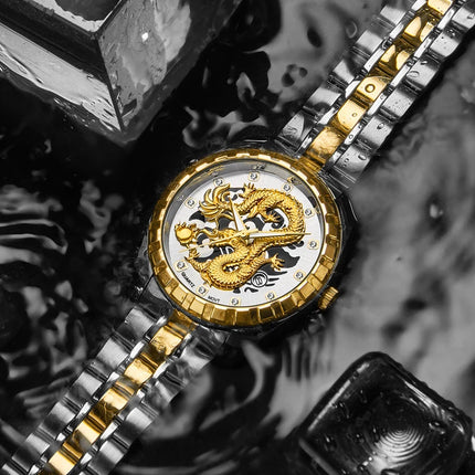WLISTH Men's Watch 3D Golden Dragon Original Quartz Watch for Men Dragon Dial Waterproof Luminous Date Stainless Steel Watches