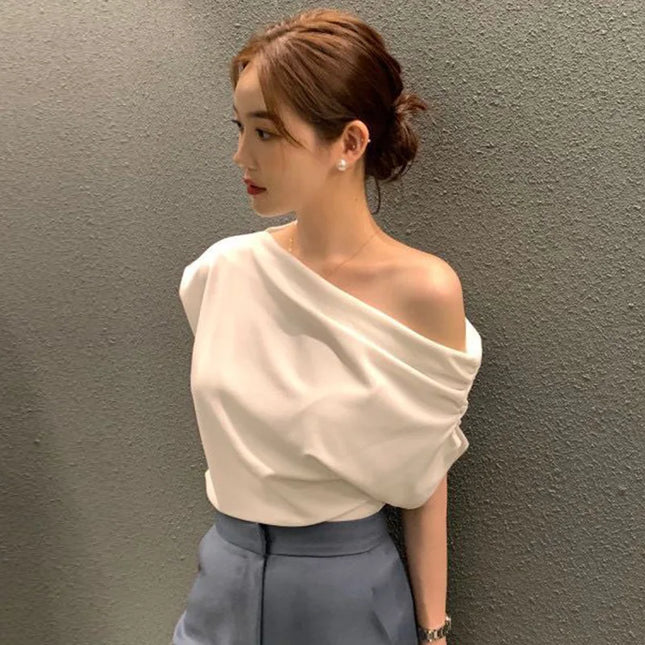 Korean Chic Summer French Asymmetrical Shoulder Design Loose Solid Color Overhead Short Sleeve T-Shirt Women's Trendy Style