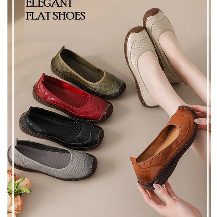 New Real Leather Perforated Ballet Flats Women's Massage Insole Slip On Moccasins Woman Hollow Loafer Casual Daily Shopping Shoe