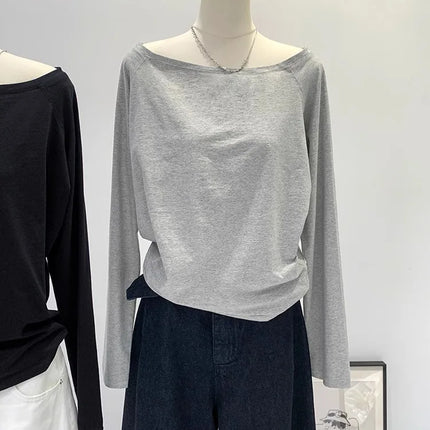 One Shoulder Cotton Slant Shoulder Long Sleeve Women's Interior-Style Wide Truffle Shoulder Base Autumn Winter Shirt
