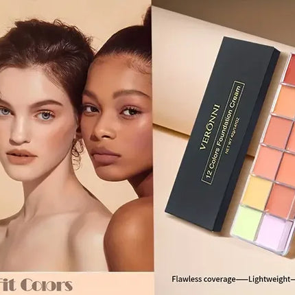 VERONNI 12Color Concealer Palette with Brush-Natural Cream Acne Spot Dark Circles Cover Face Foundation Brighten Cosmetic Makeup