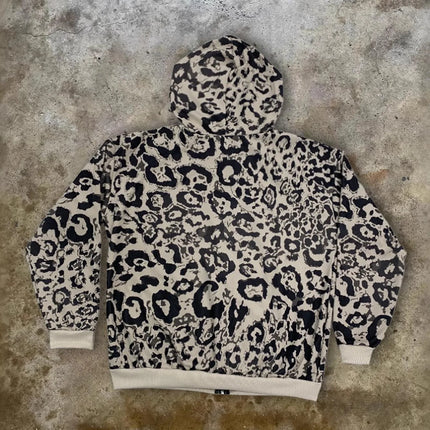 Y2K European American Fashion Leopard Print Hooded Long Sleeve Sweatshirt Jacket Comfort Casual Trend Sports Sweatpants