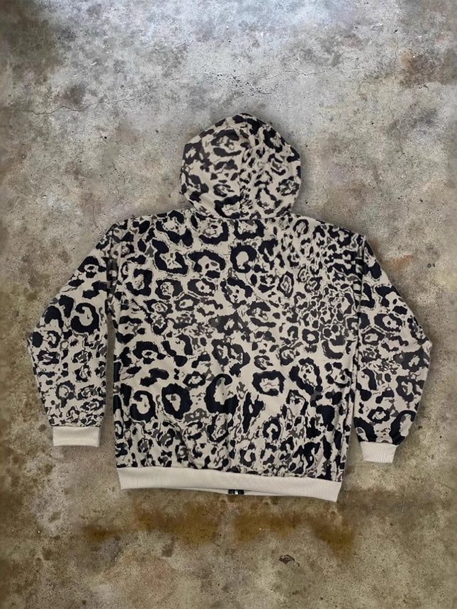 Y2K European American Fashion Leopard Print Hooded Long Sleeve Sweatshirt Jacket Comfort Casual Trend Sports Sweatpants