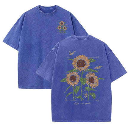 Lift Is Good Beautiful Sunflower Print Washed T-Shirts Women Soft Cotton T-Shirt Street Creative Short Sleeve Summer Casual Tops