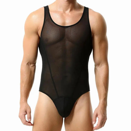Men's Sexy Bodysuit Ultrathin Mesh Transparent Underwear U Convex Pouch Tights High Elastic Bikinis Lingerie Night Club Wear