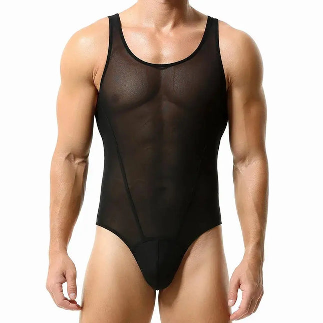 Men's Sexy Bodysuit Ultrathin Mesh Transparent Underwear U Convex Pouch Tights High Elastic Bikinis Lingerie Night Club Wear