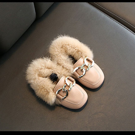 Kids Fur Shoes Children Velvet Shoes Baby Girls Warm Flats Toddler Black Brand Shoes Princess Loafer Chain Moccasin For Winter