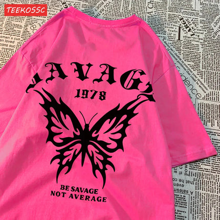 Casual Cotton Womens T-Shirts Be Savage Not Average Butterfly Printed Streetwear Soft Breathable Oversize Fashion Female Clothes